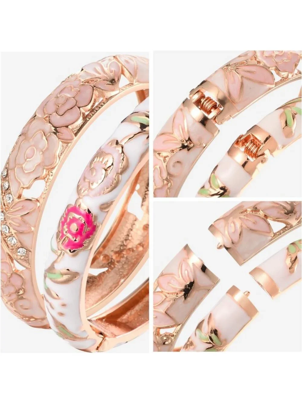 Handcrafted Vintage Cloisonne Rhinestone Rose Hinged Cuff Bracelet - Unique Gift